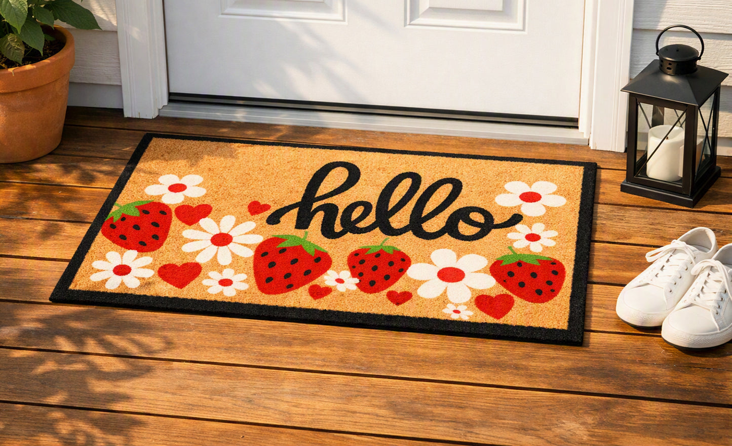 Tread Haven “Hello” Strawberry & Daisy Doormat – 18” x 30” Heavy‑Duty American‑Made Nylon Entry Mat