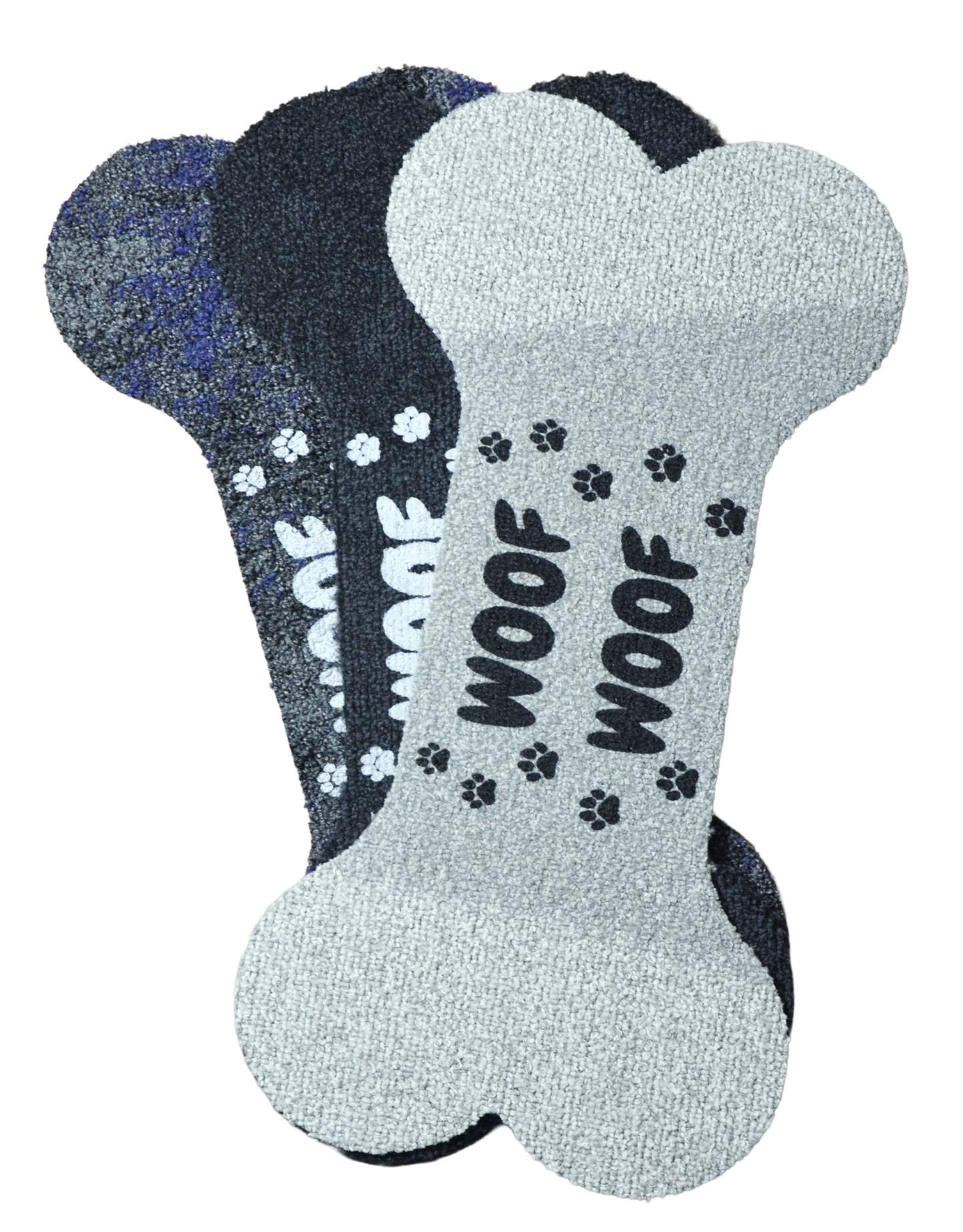 Dog Bone‑Shaped Carpet Bowl Mats (Set of 3) – “Woof Woof” Print, Peel & Stick, Assorted Carpet Colors