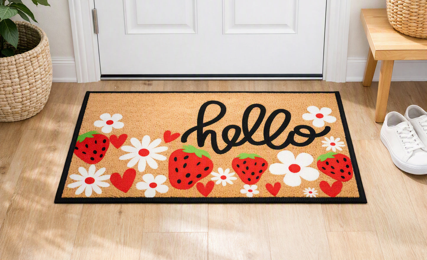 Tread Haven “Hello” Strawberry & Daisy Doormat – 18” x 30” Heavy‑Duty American‑Made Nylon Entry Mat
