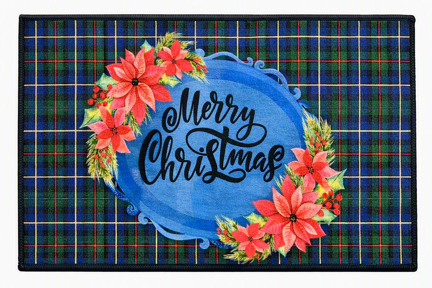 Tread Haven “Merry Christmas Poinsettia Plaid” Doormat – 18” x 30” Heavy‑Duty American‑Made Nylon Entry Mat