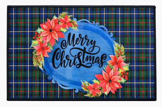 Tread Haven “Merry Christmas Poinsettia Plaid” Doormat – 18” x 30” Heavy‑Duty American‑Made Nylon Entry Mat