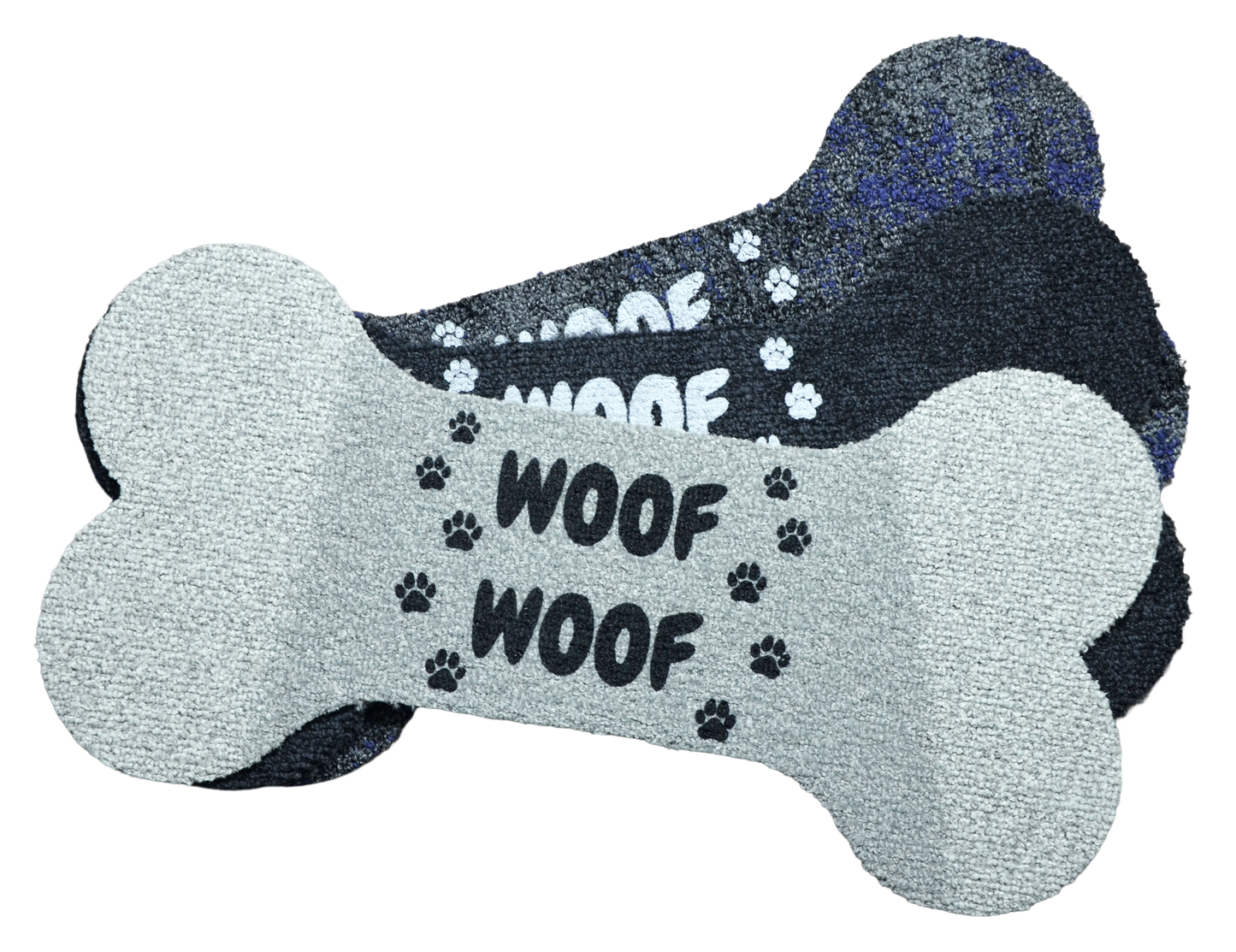 Dog Bone‑Shaped Carpet Bowl Mats (Set of 3) – “Woof Woof” Print, Peel & Stick, Assorted Carpet Colors