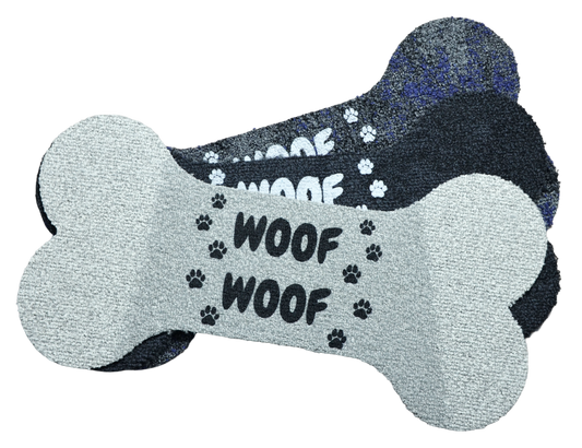 Dog Bone‑Shaped Carpet Bowl Mats (Set of 3) – “Woof Woof” Print, Peel & Stick, Assorted Carpet Colors
