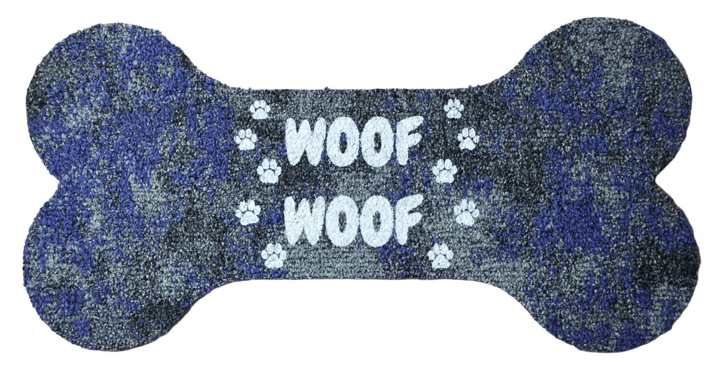 Dog Bone‑Shaped Carpet Bowl Mats (Set of 3) – “Woof Woof” Print, Peel & Stick, Assorted Carpet Colors