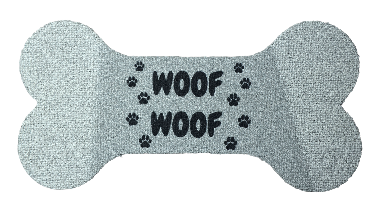 Dog Bone‑Shaped Carpet Bowl Mats (Set of 3) – “Woof Woof” Print, Peel & Stick, Assorted Carpet Colors