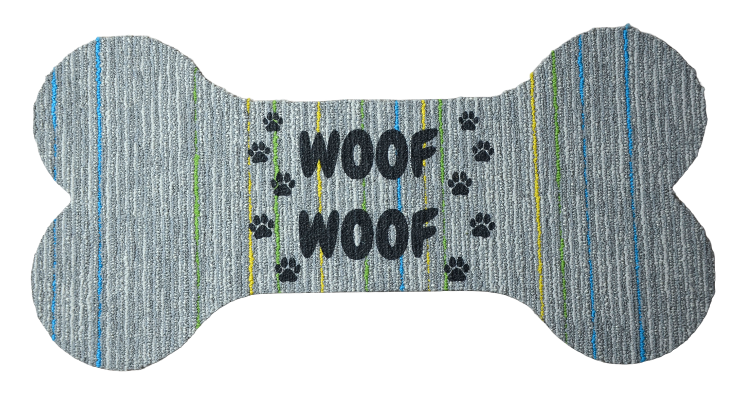 Dog Bone‑Shaped Carpet Bowl Mats (Set of 3) – “Woof Woof” Print, Peel & Stick, Assorted Carpet Colors