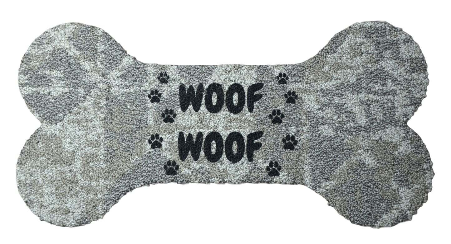 Dog Bone‑Shaped Carpet Bowl Mats (Set of 3) – “Woof Woof” Print, Peel & Stick, Assorted Carpet Colors