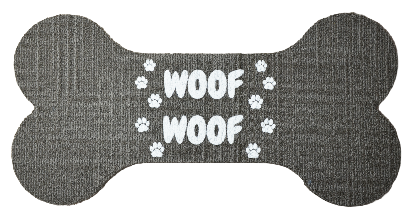 Dog Bone‑Shaped Carpet Bowl Mats (Set of 3) – “Woof Woof” Print, Peel & Stick, Assorted Carpet Colors