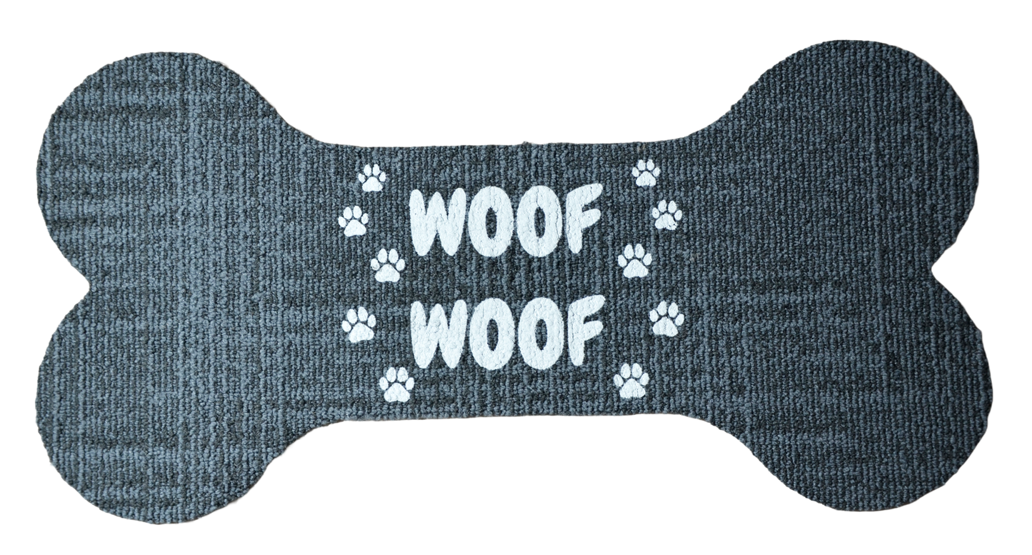 Dog Bone‑Shaped Carpet Bowl Mats (Set of 3) – “Woof Woof” Print, Peel & Stick, Assorted Carpet Colors