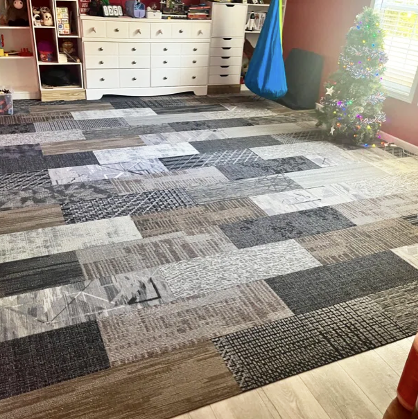 Assorted Carpet Tiles – 36" x 9" Random Mix – 16 Tiles (36 sq ft) – Peel & Stick DIY Flooring