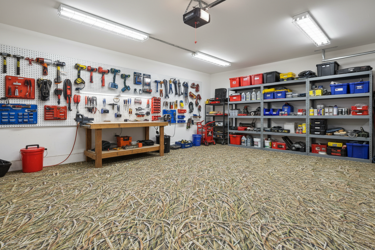 Camo carpet tile in garage workshop