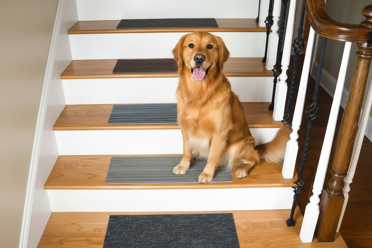 Happy dog on light maple staircase