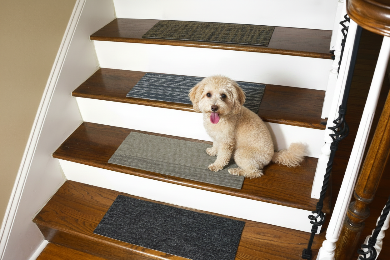 Happy white toy poodle on staircase