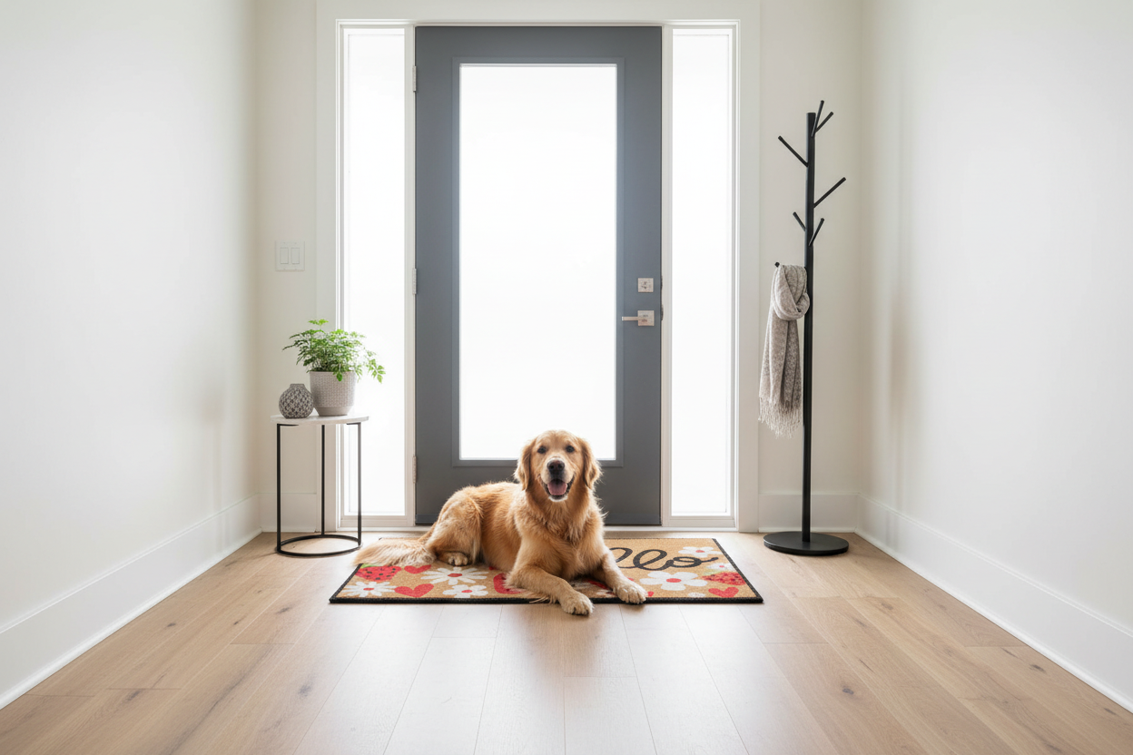Hello Door Mat with Golden Retriever at Front Entrance