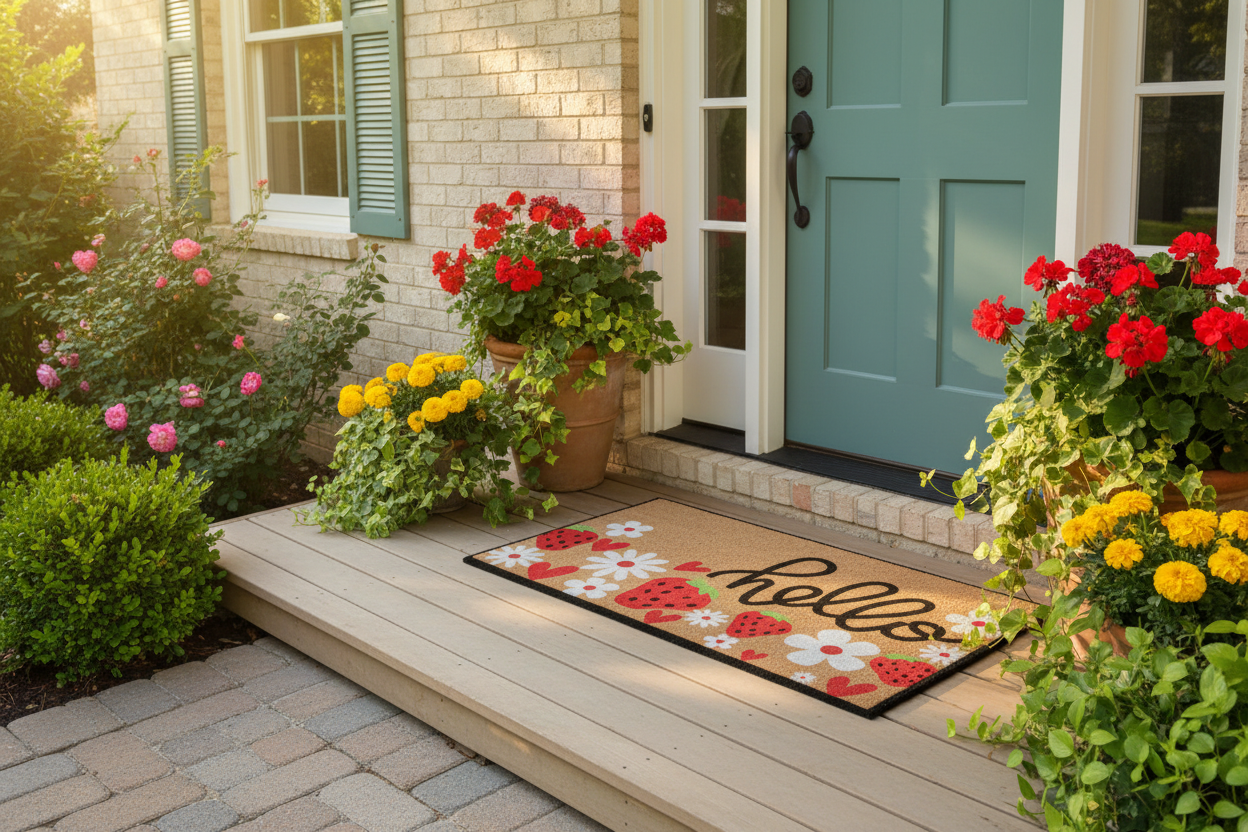 Hello Strawberry Door Mat at Sunny Front Entrance