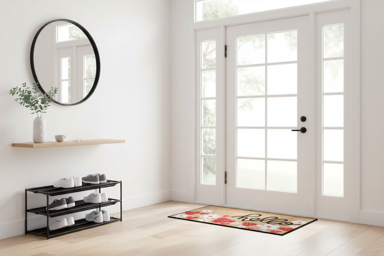 Hello Strawberry Door Mat in Modern Home Entryway
