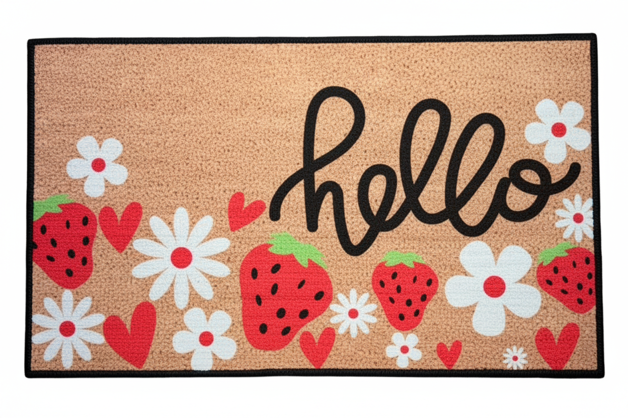 Hello Strawberry Door Mat on White Background