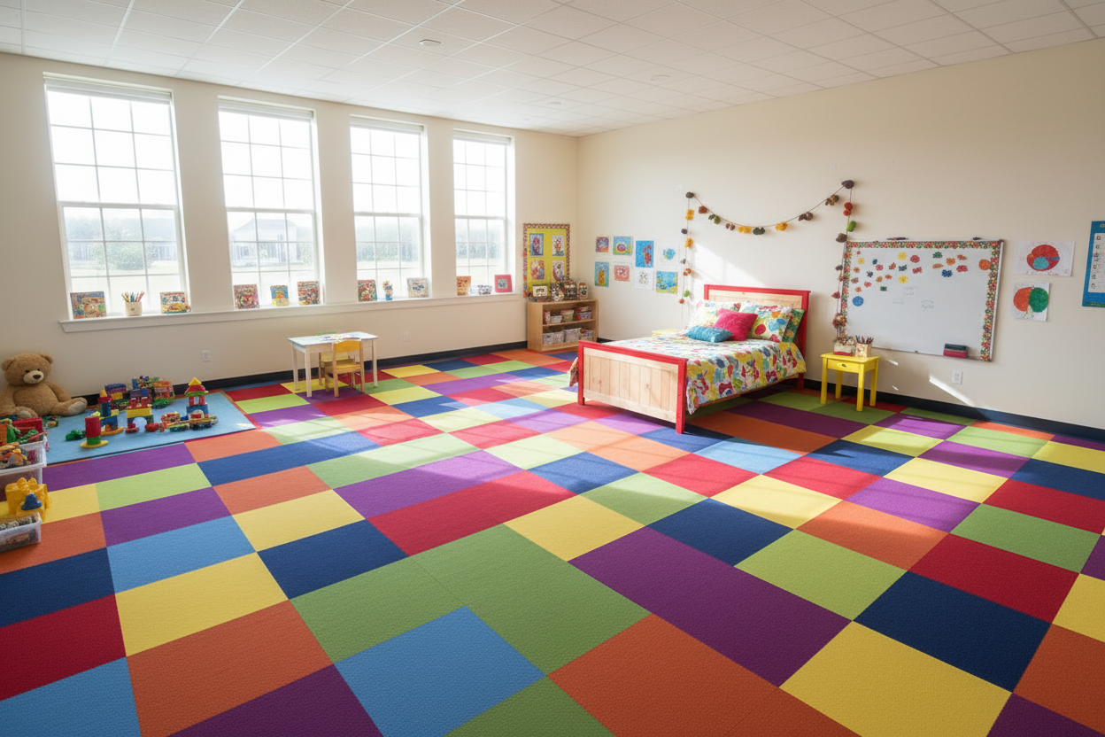 Kids Bedroom Colorful Carpet Tile Lifestyle Scene