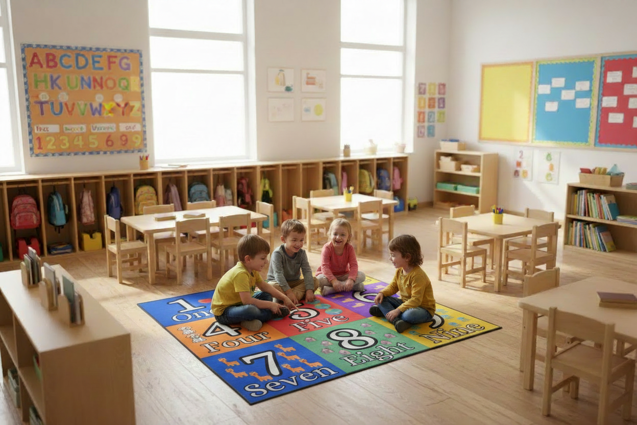 Kids Learning on Numbers Carpet Tiles in Classroom