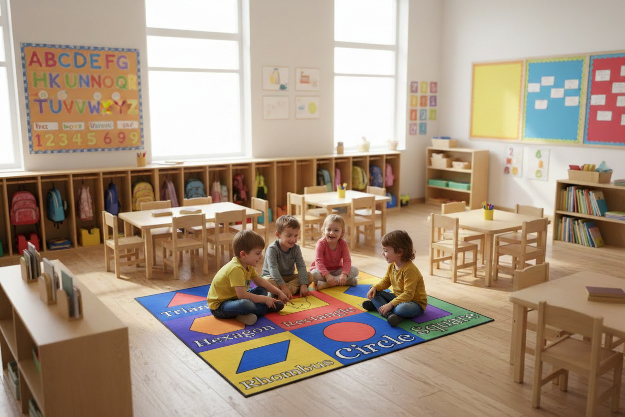 Kids Learning on Shapes Rug in Classroom