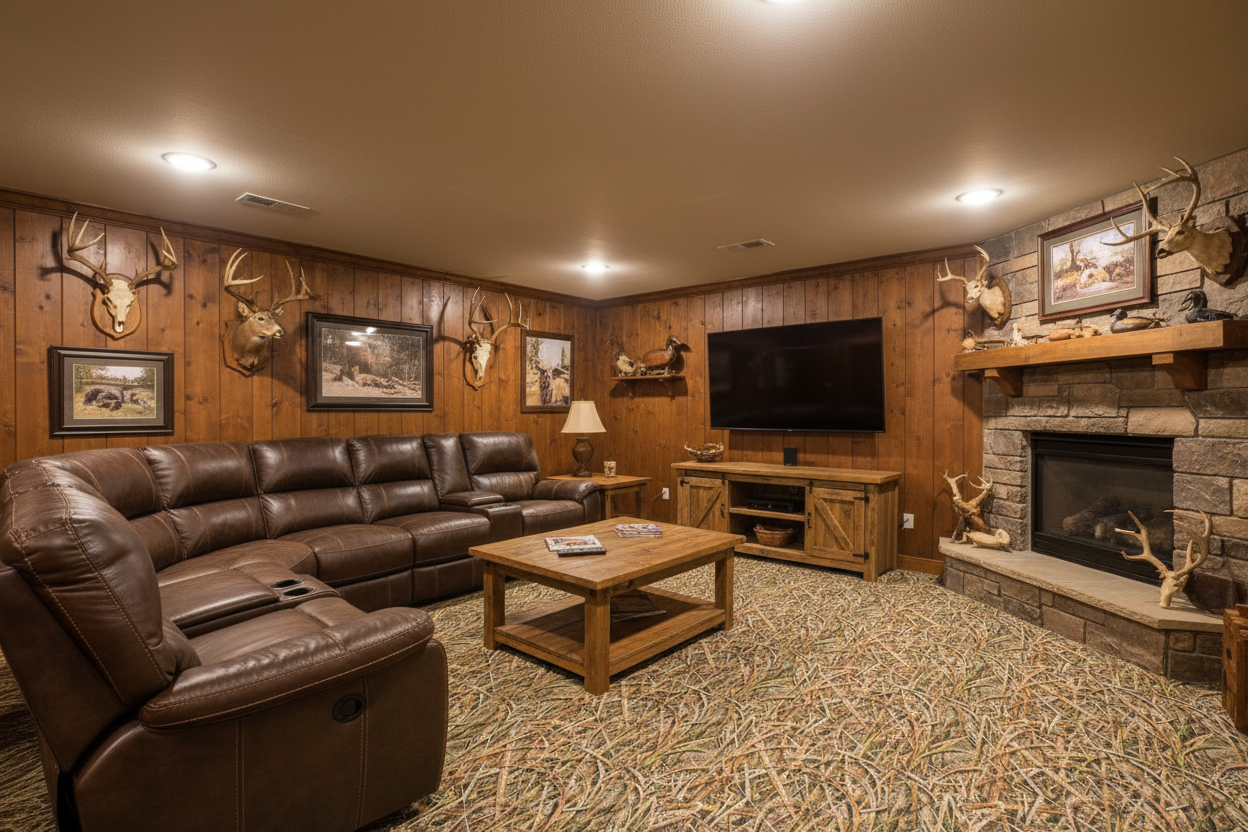 Man cave with camo grass carpet tile