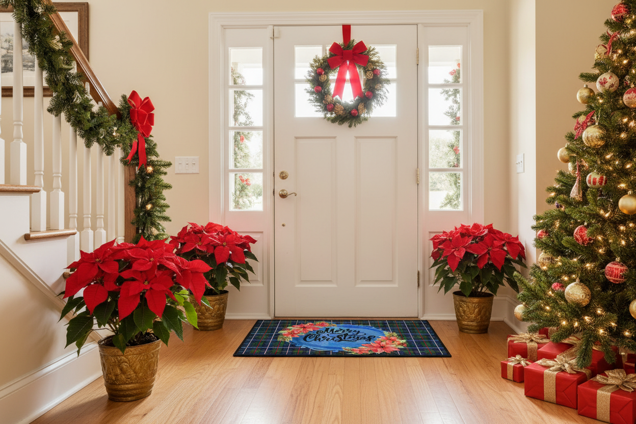 Plaid Merry Christmas Mat - Indoor Lifestyle with Poinsettias