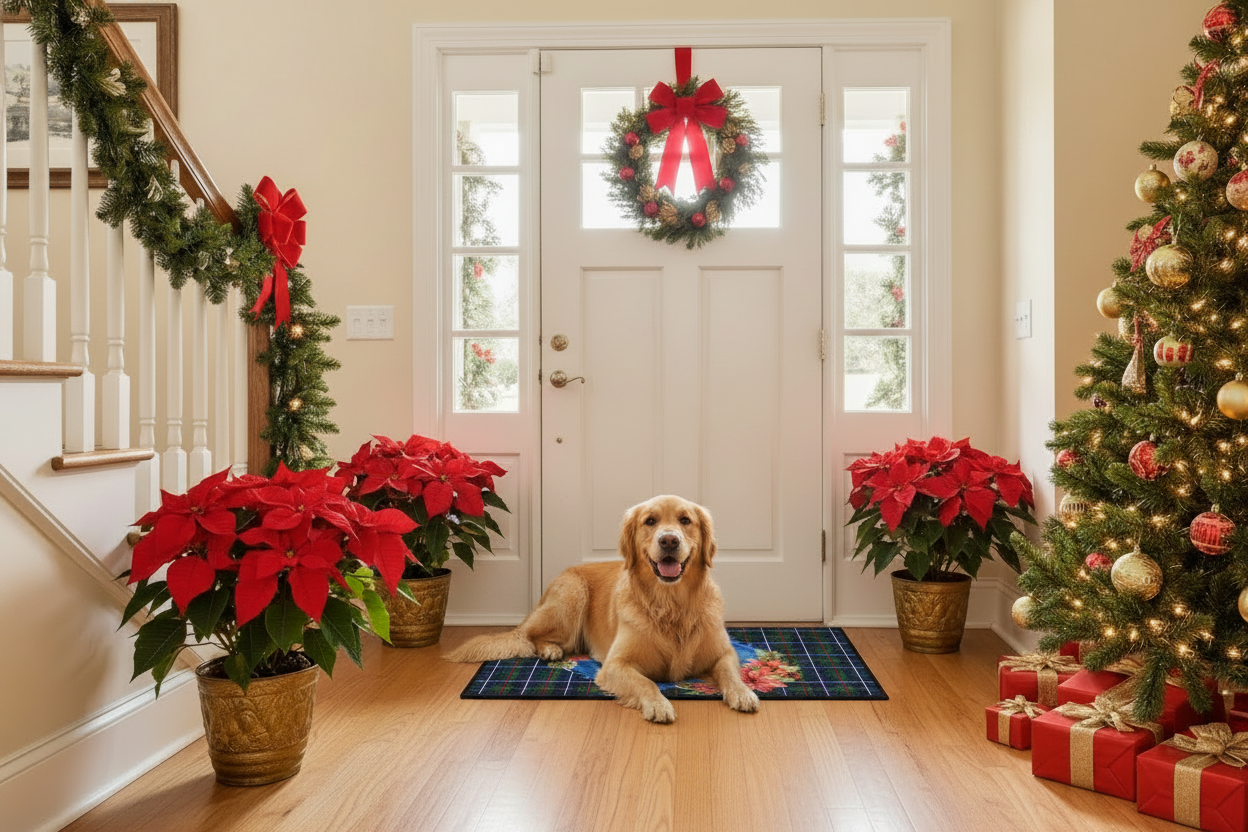 Plaid Merry Christmas Mat - With Golden Retriever