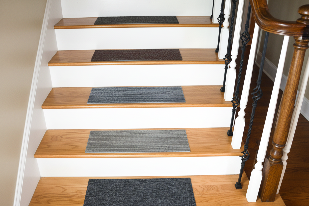 Staircase with light maple hardwood