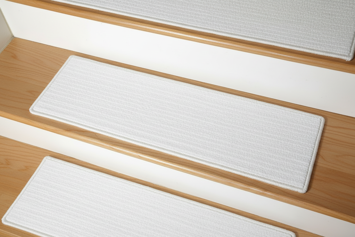 White carpet on light maple stairs