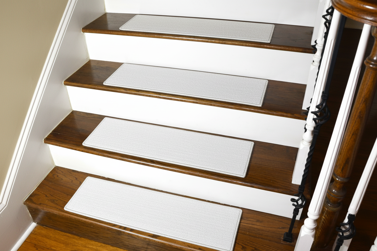 White carpet stair treads on dark wood stairs