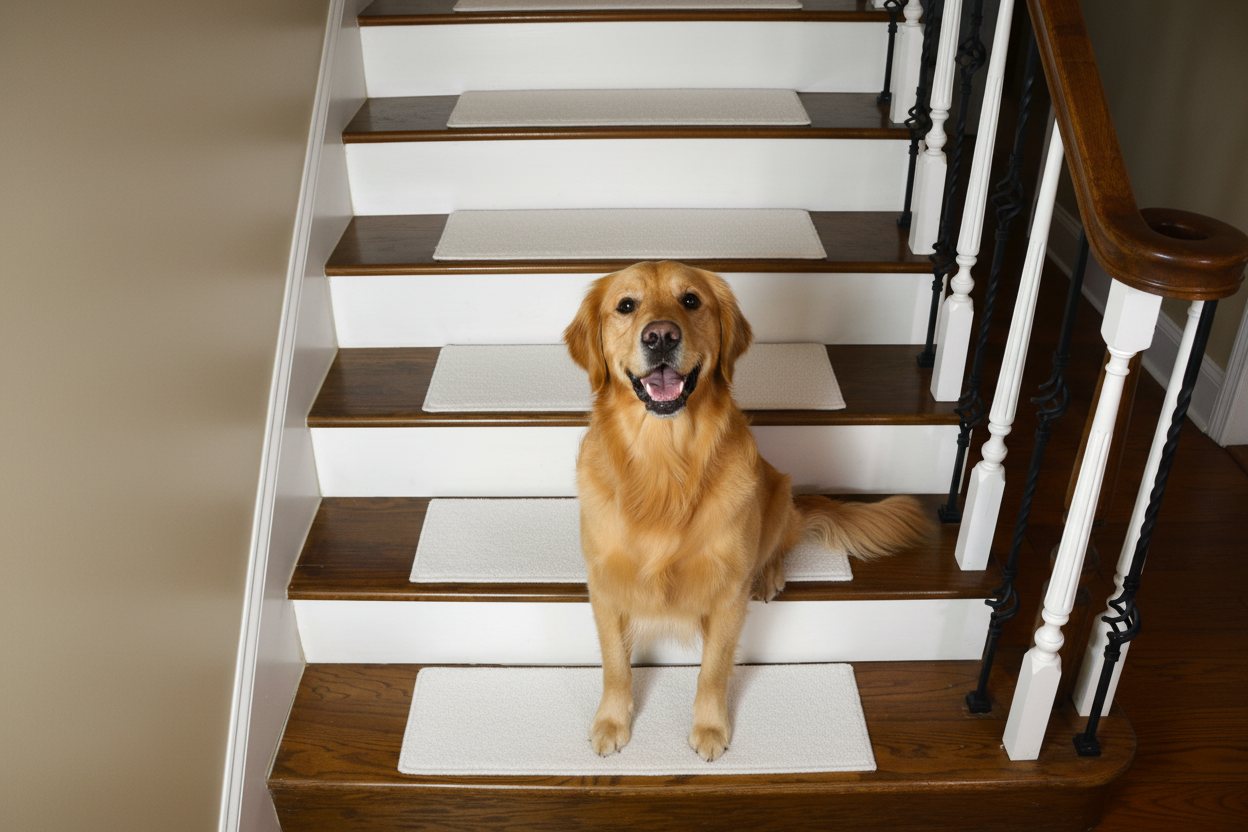 White carpet treads on light maple stairs with happy dog
