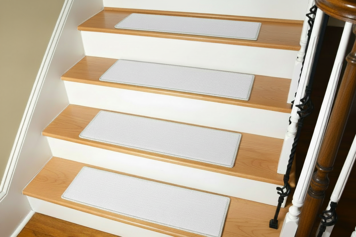 White carpet treads with full light maple wood